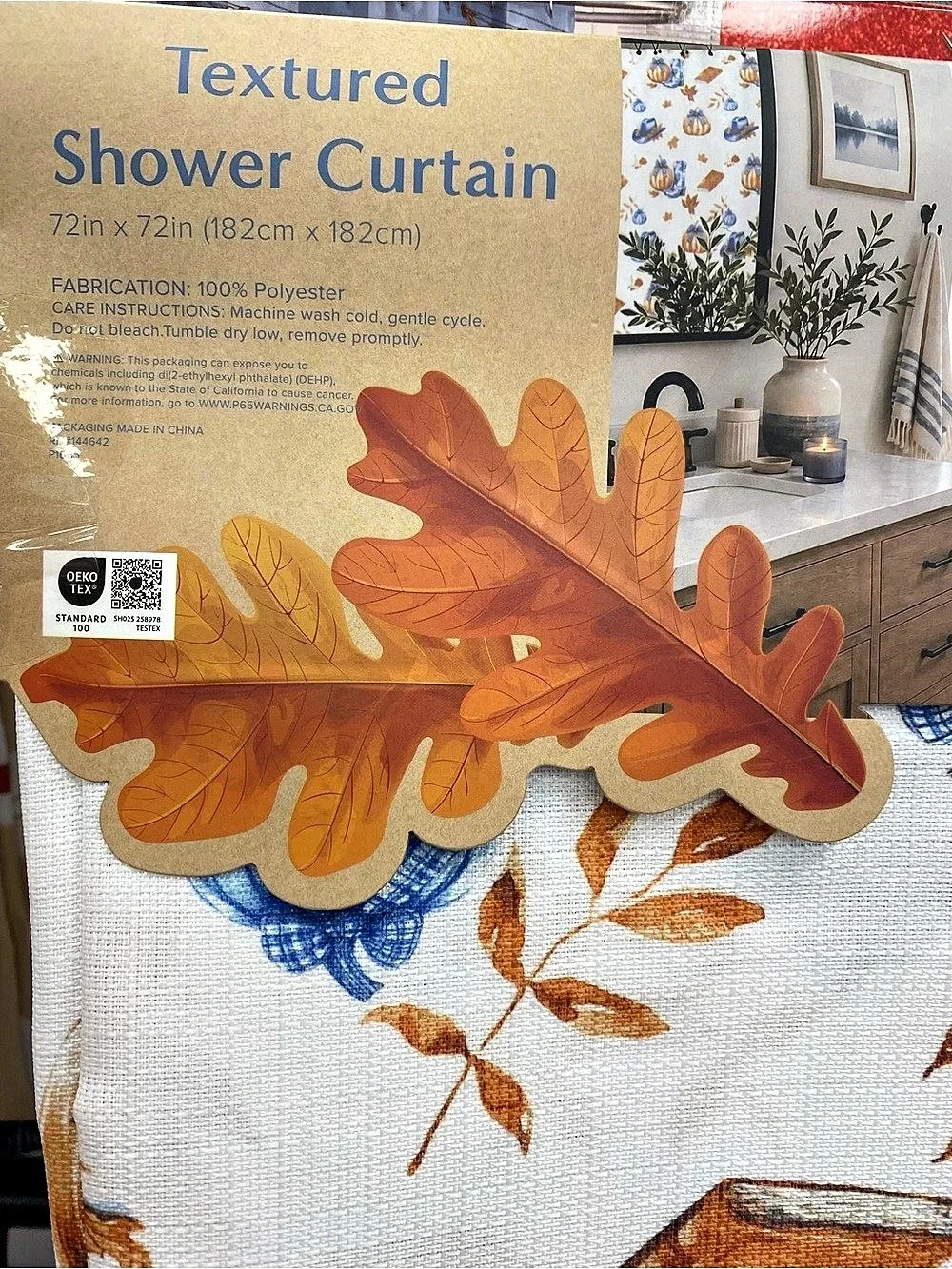 Textured Pumpkin Plaid Shower Curtain Orange & Blue NWT
